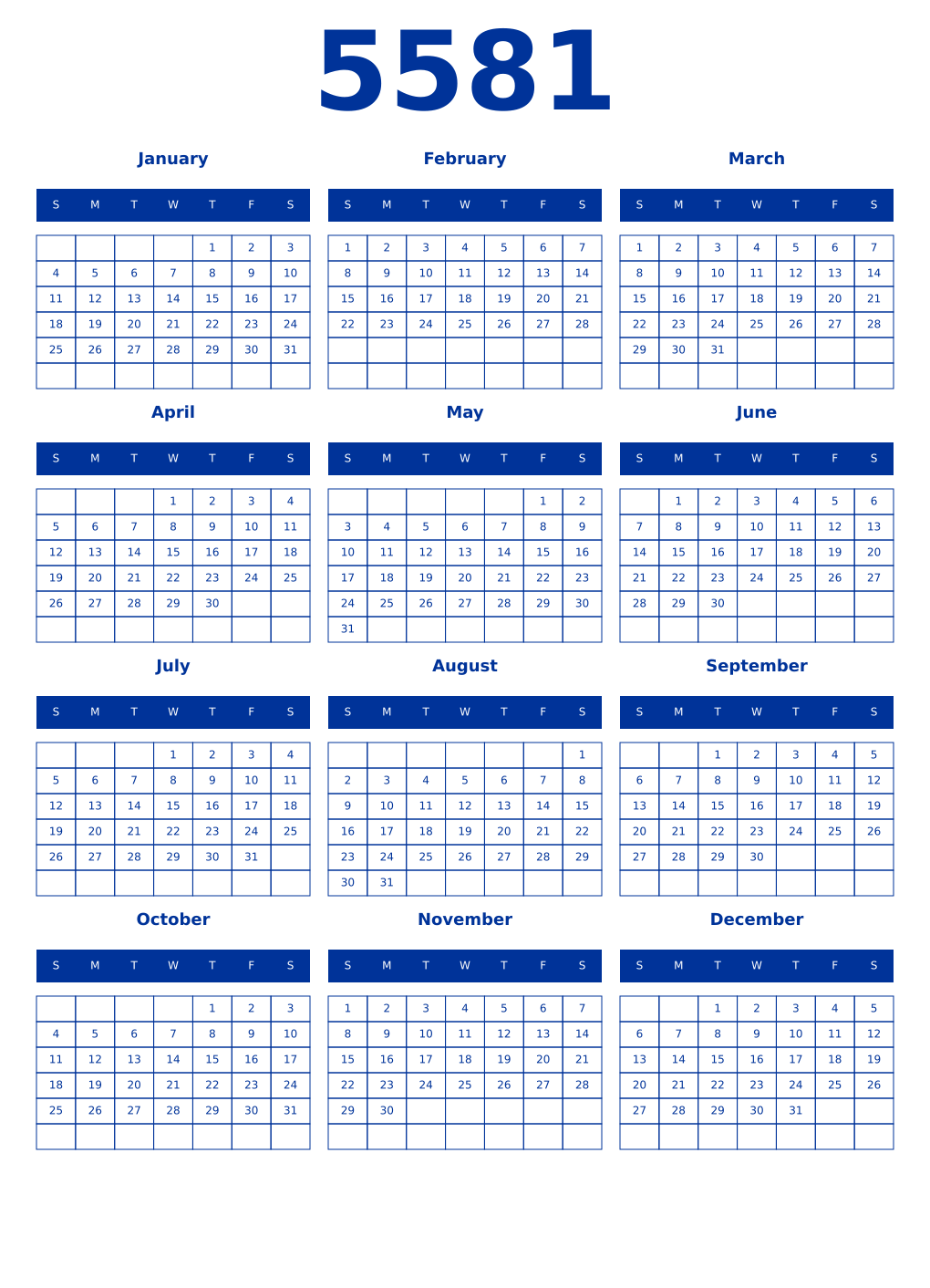 Printable 5581 Year Calendars smalt