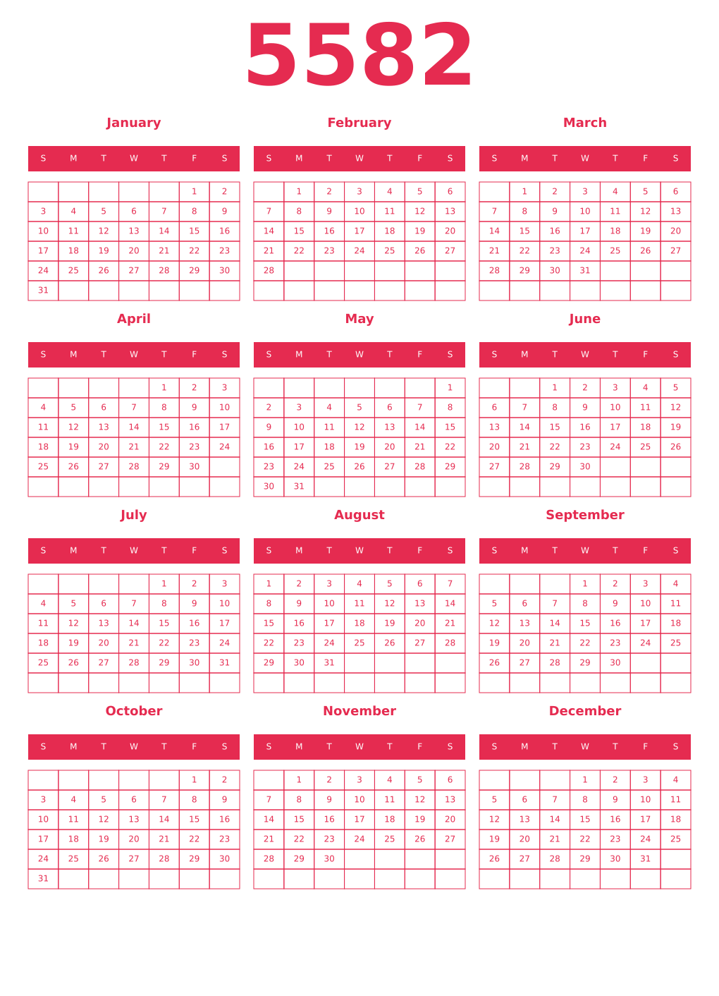 Printable 5582 Year Calendars amaranth