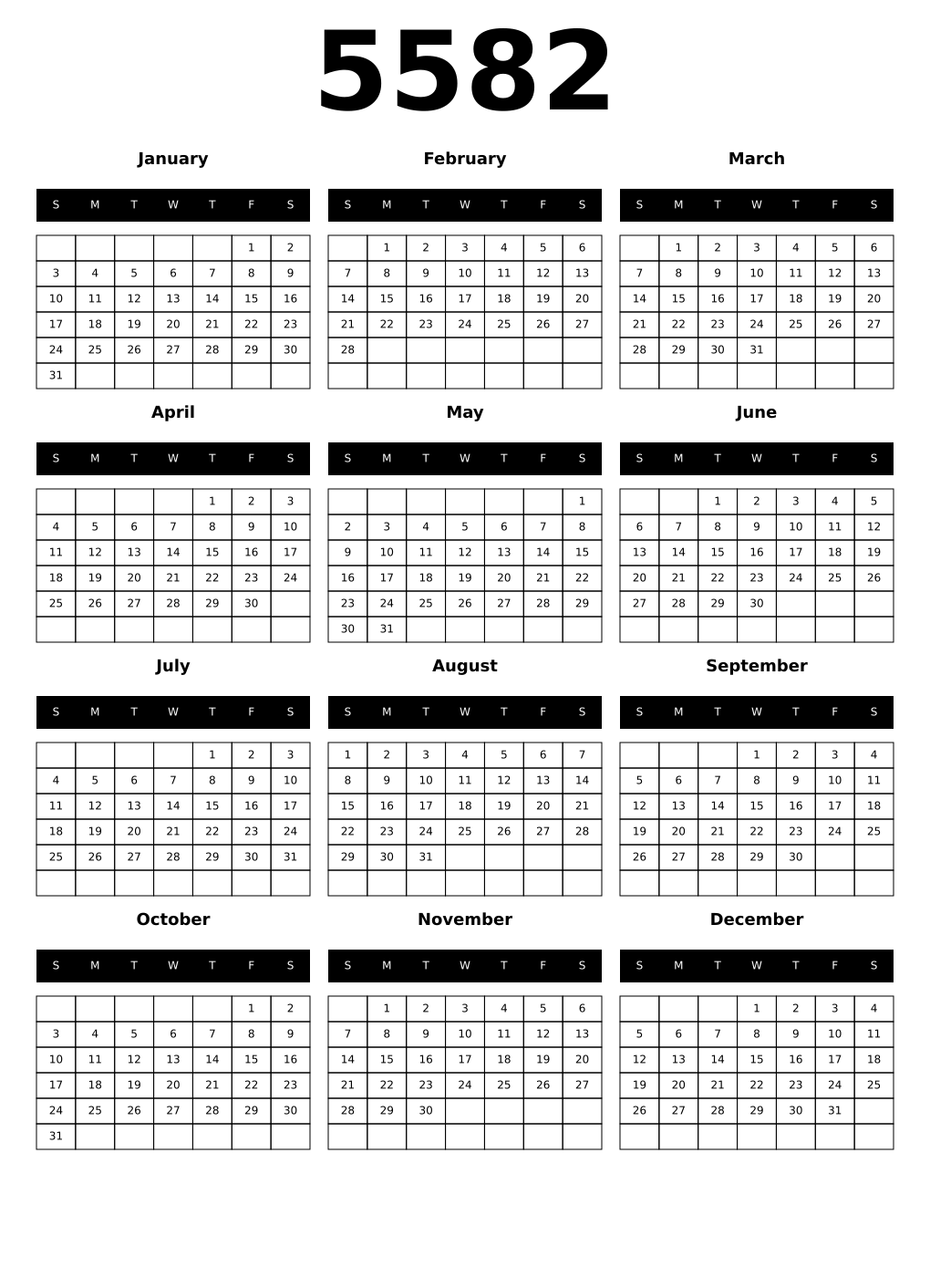Printable 5582 Year Calendars black