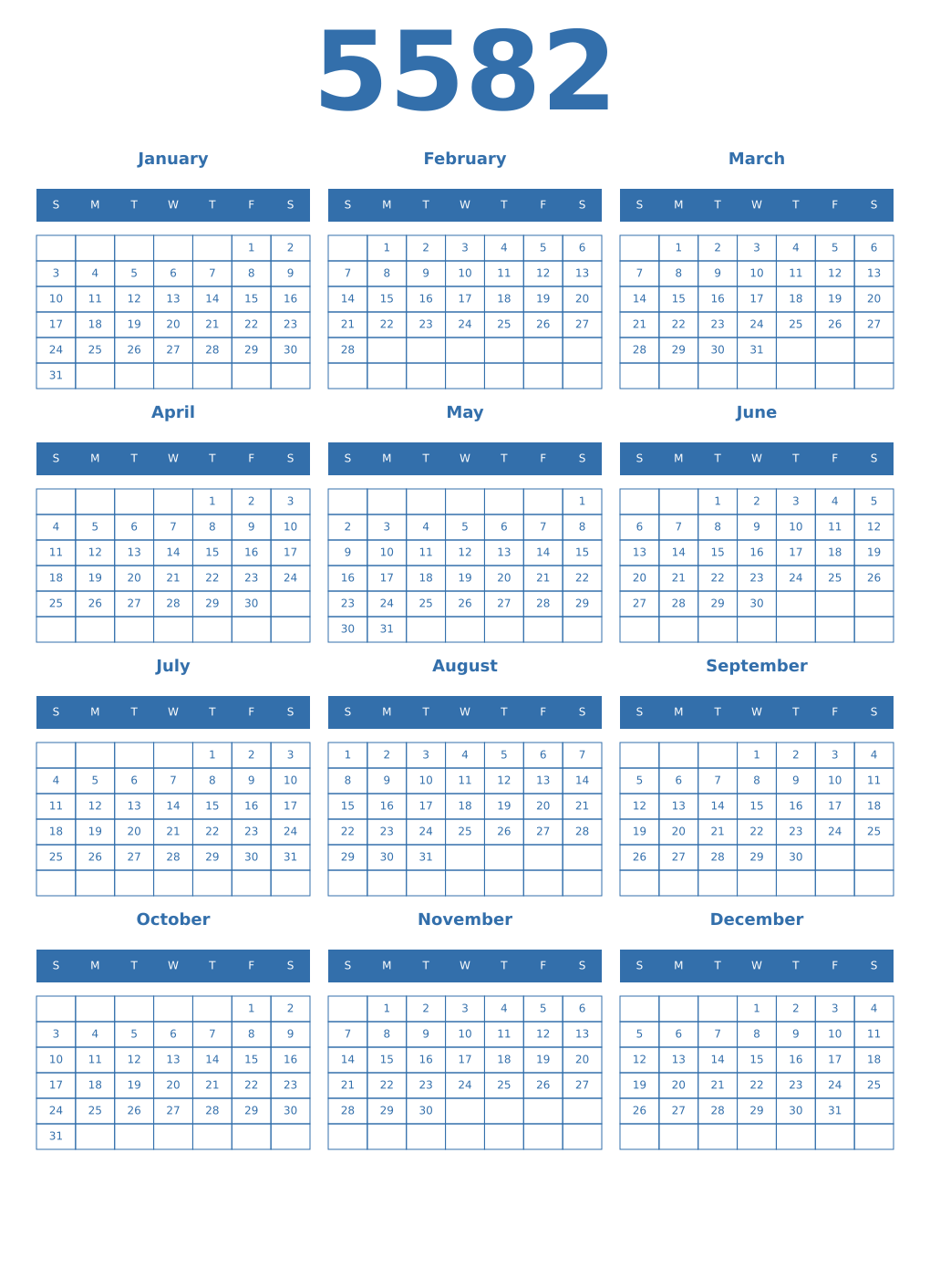 Printable 5582 Year Calendars blue