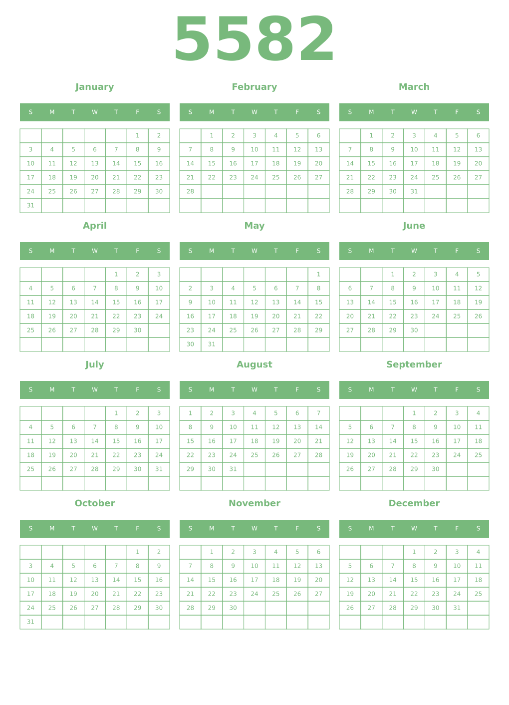 Printable 5582 Year Calendars celadon