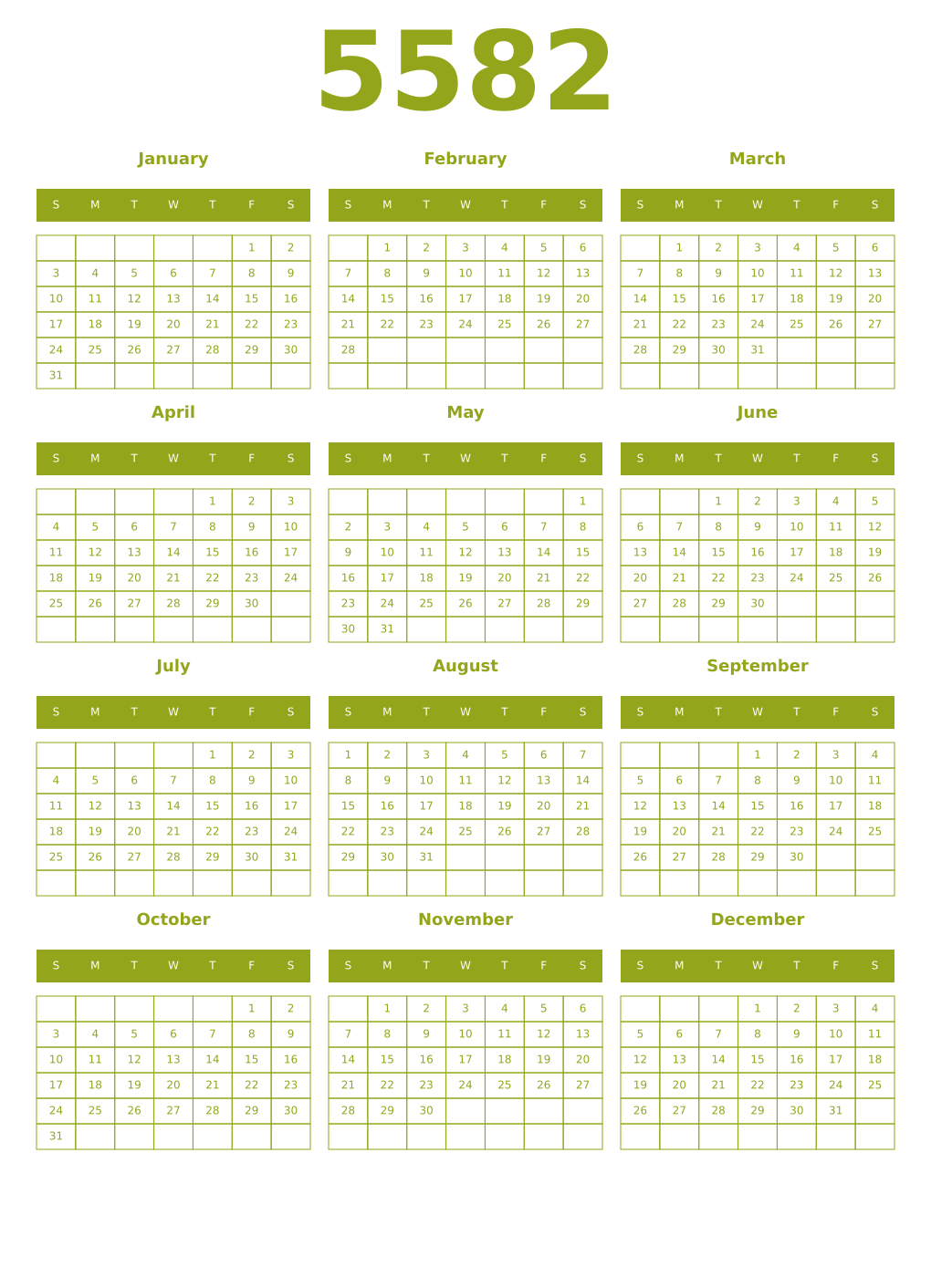 Printable 5582 Year Calendars chartreuse