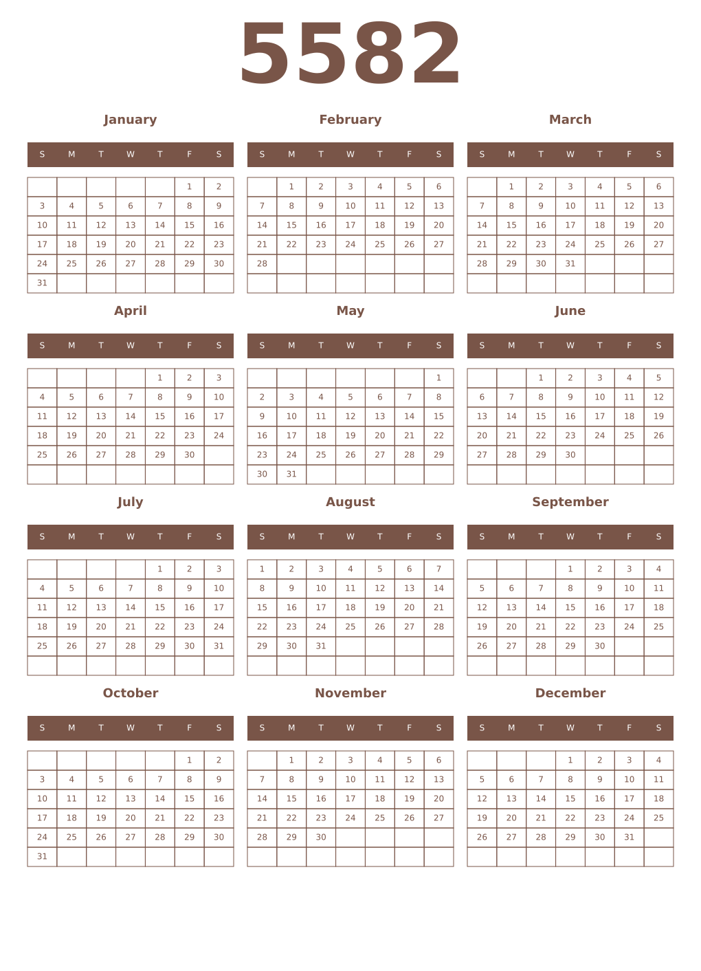Printable 5582 Year Calendars coffe