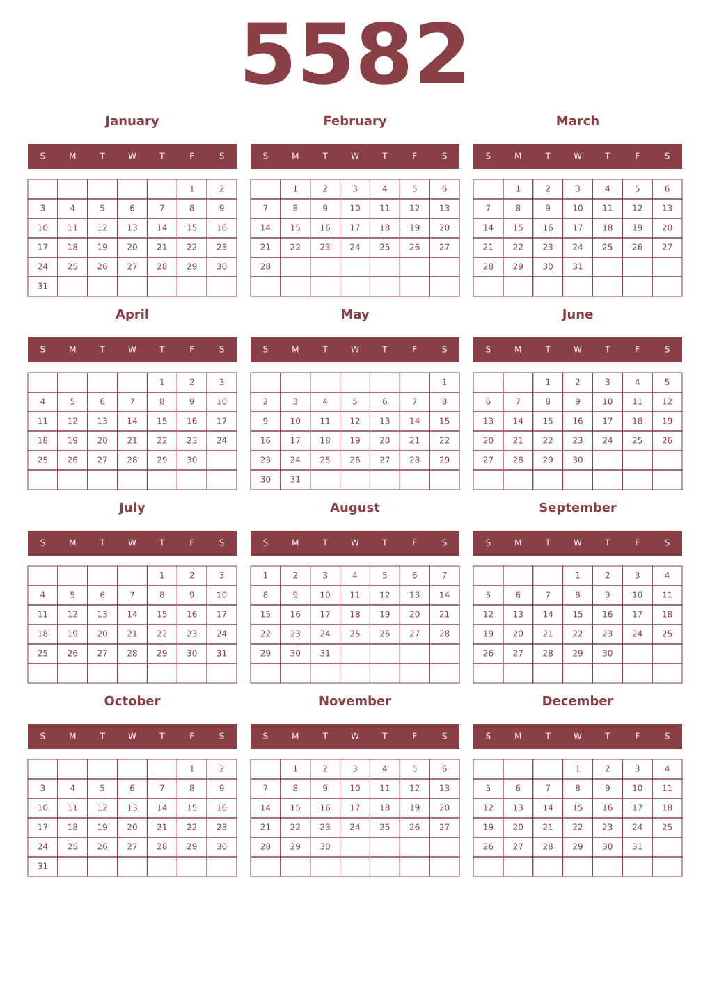 Printable 5582 Year Calendars cordovan