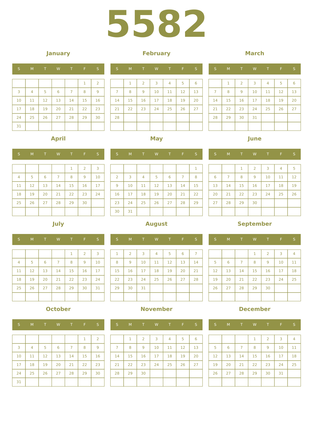 Printable 5582 Year Calendars eburnean