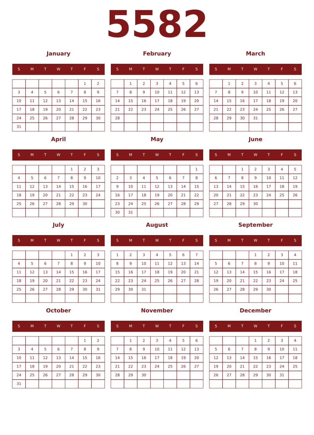 Printable 5582 Year Calendars falu