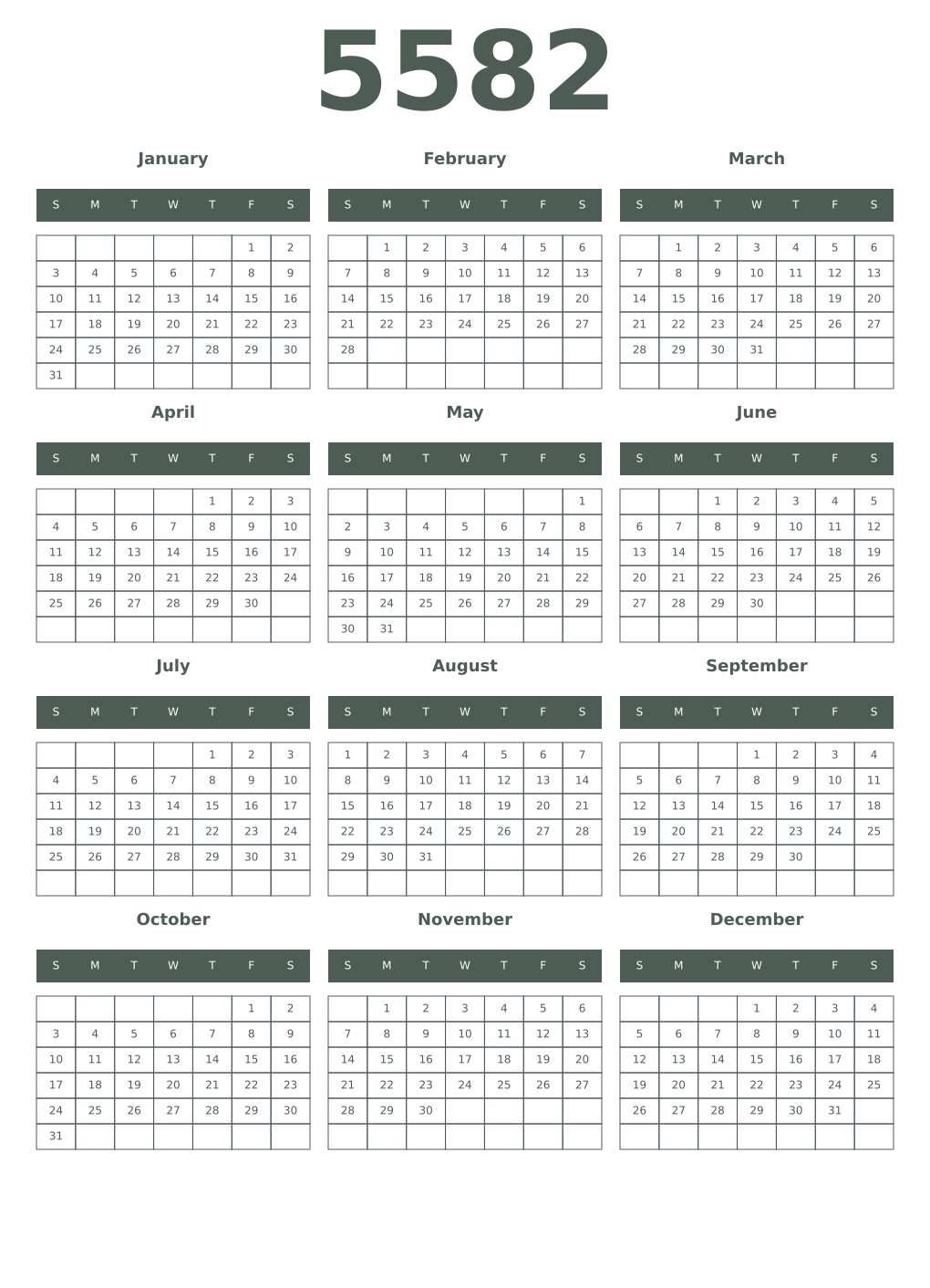 Printable 5582 Year Calendars feldgrau