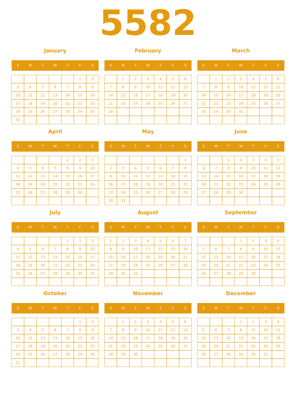 Printable 5582 Year Calendars gamboge