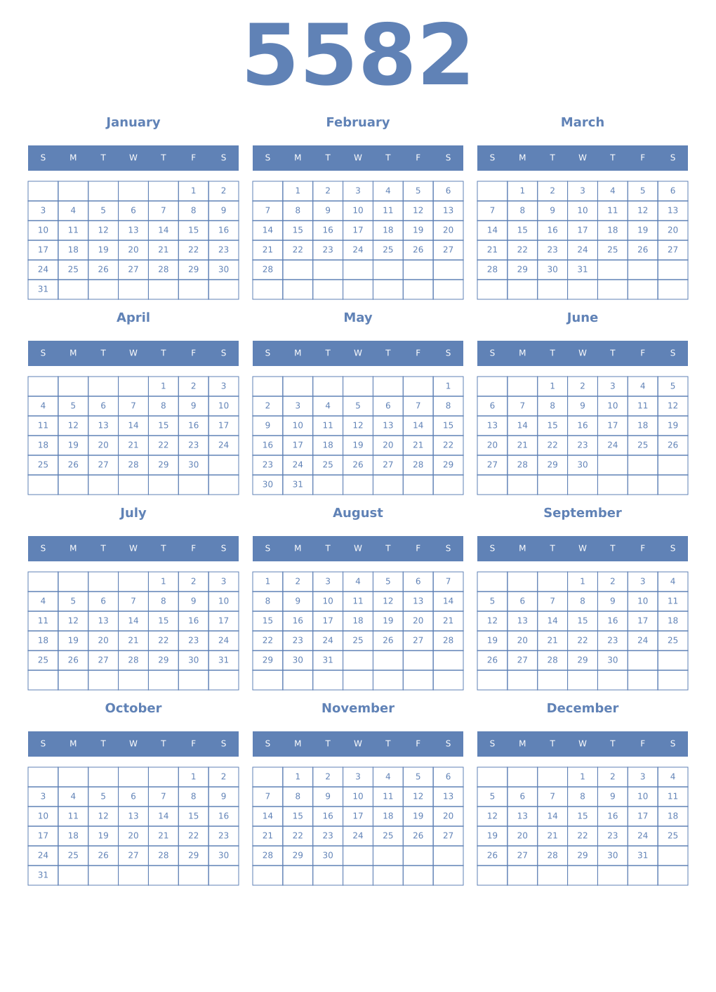 Printable 5582 Year Calendars glaucous