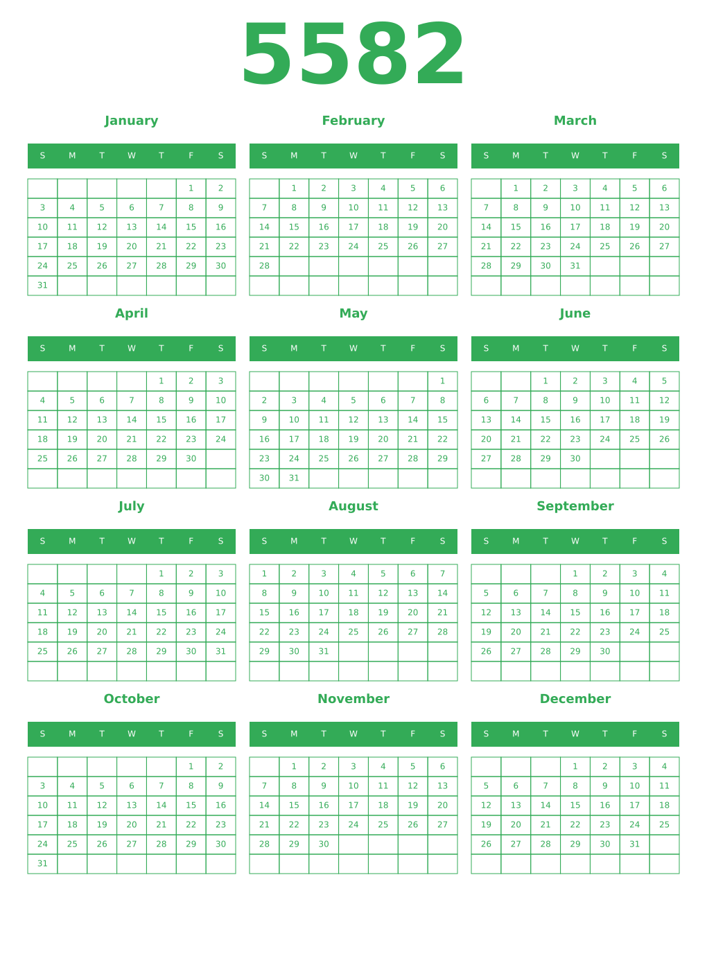 Printable 5582 Year Calendars green