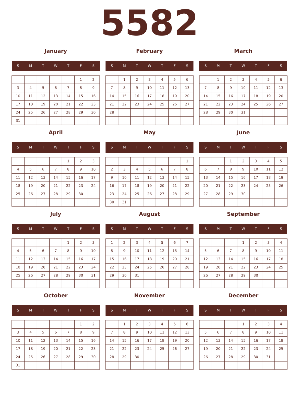 Printable 5582 Year Calendars mortuum