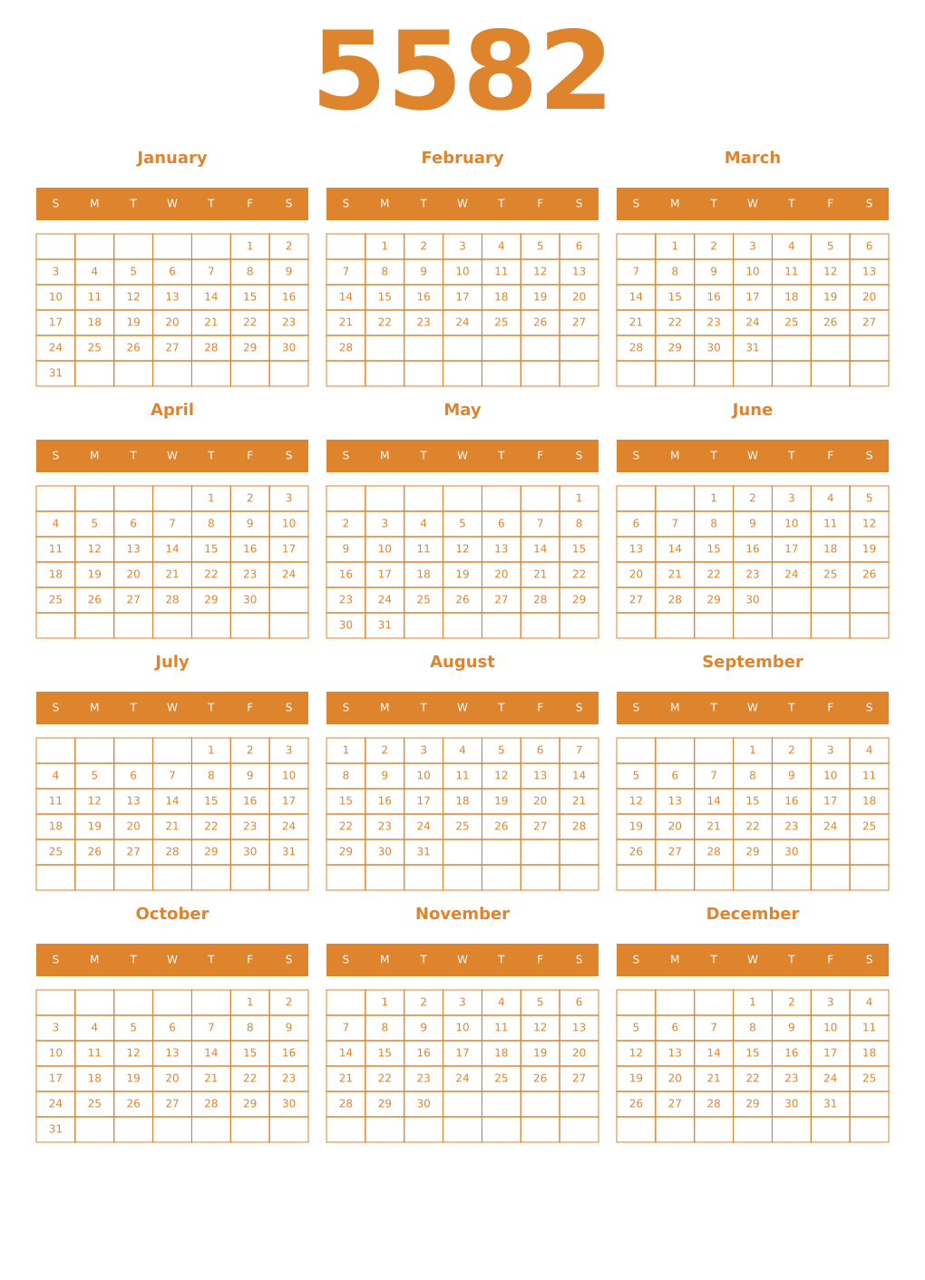 Printable 5582 Year Calendars orange
