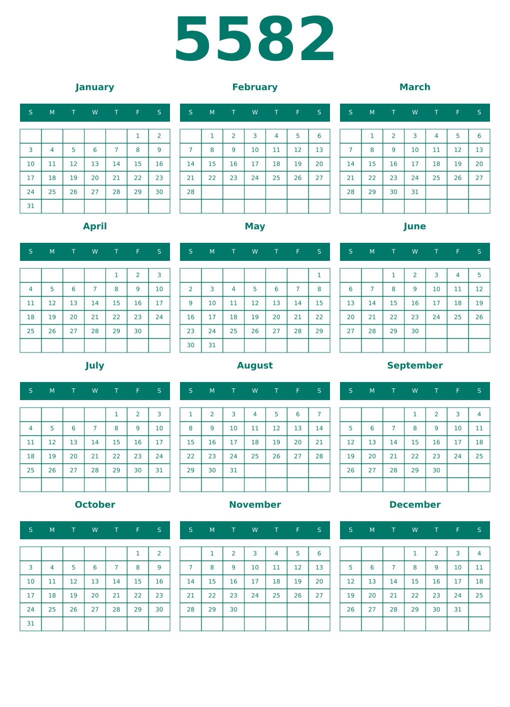 Printable 5582 Year Calendars pastel