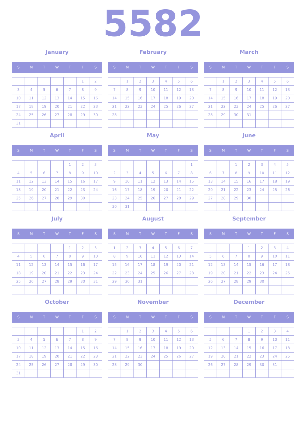 Printable 5582 Year Calendars periwinkle