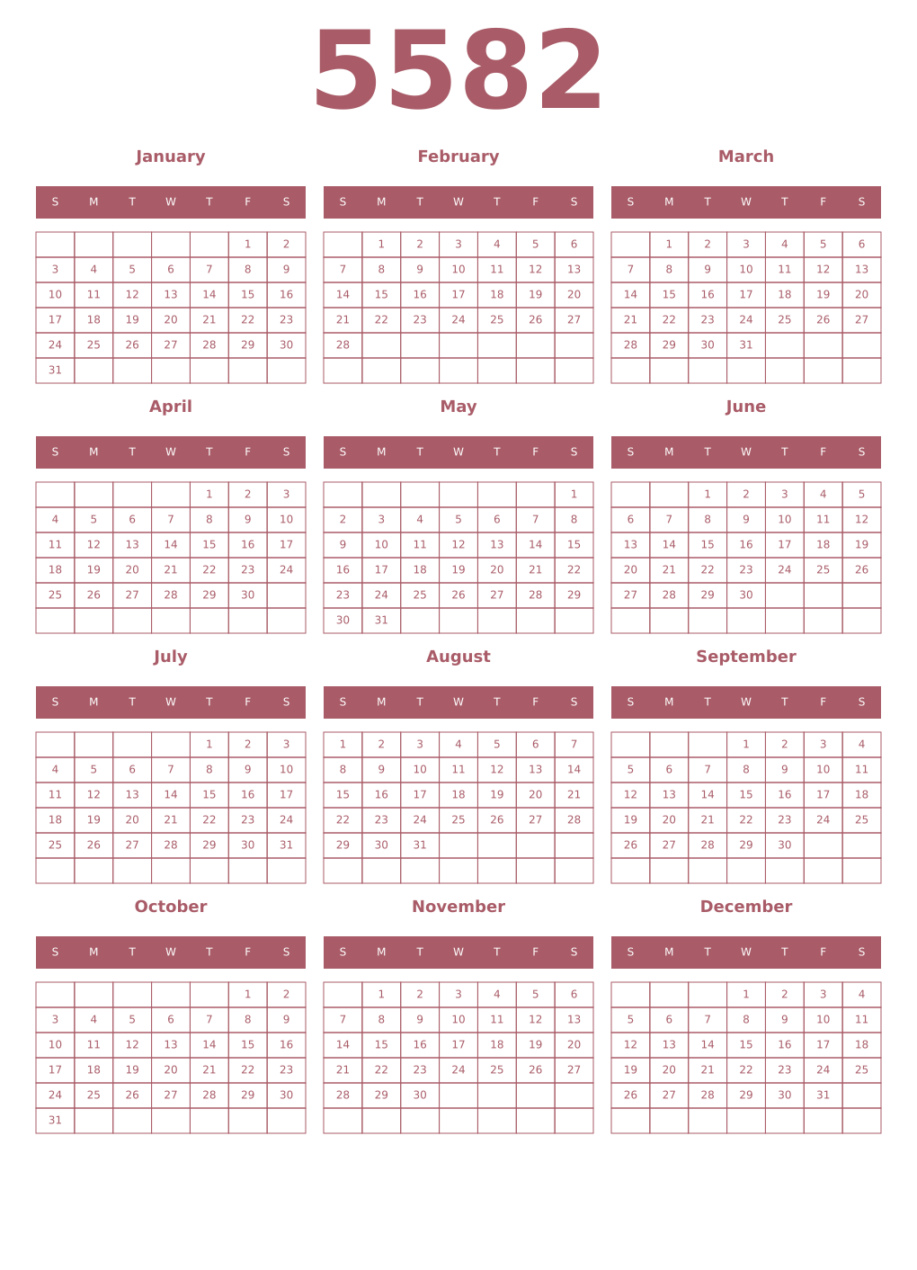 Printable 5582 Year Calendars puce
