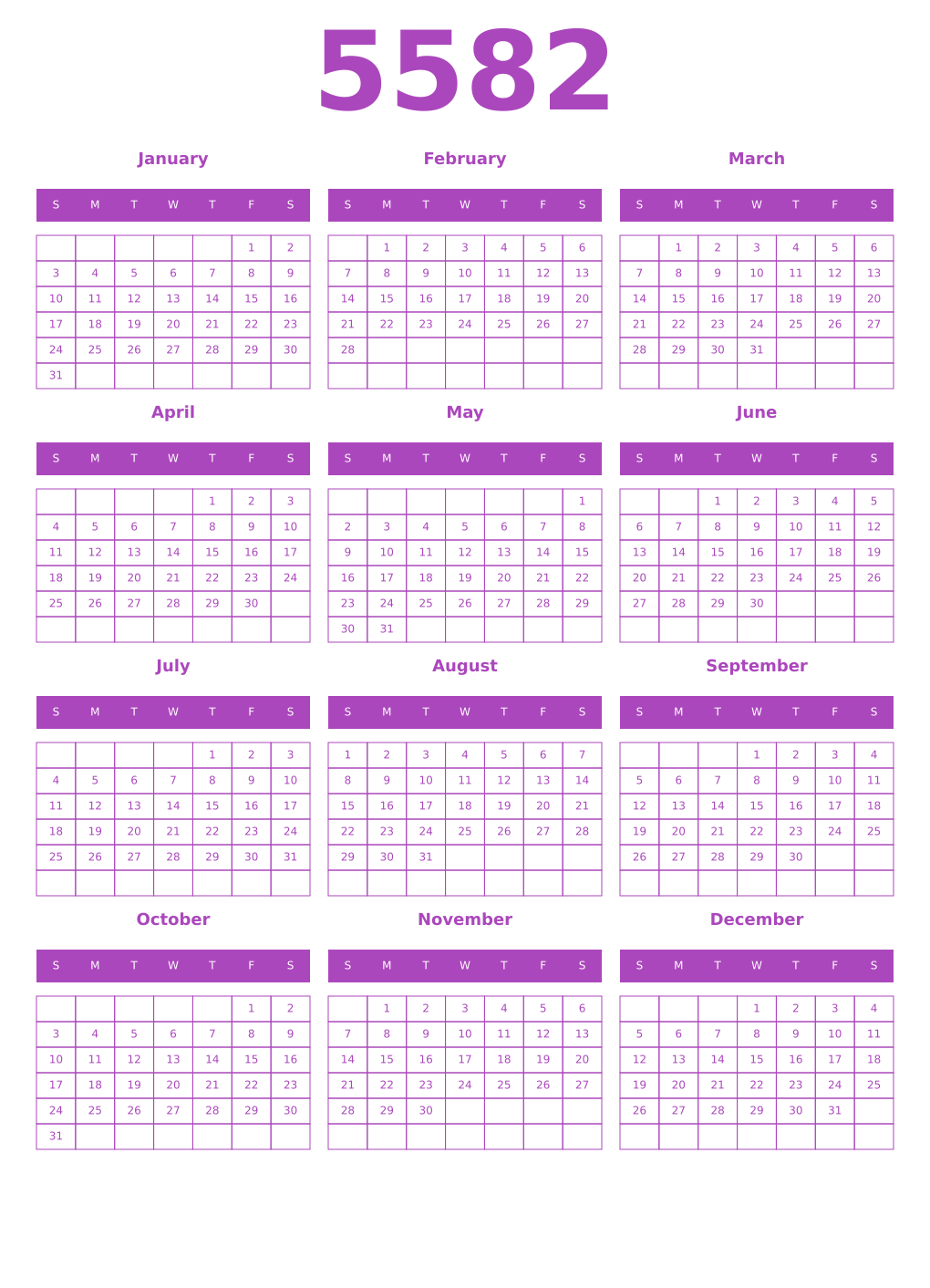 Printable 5582 Year Calendars purple