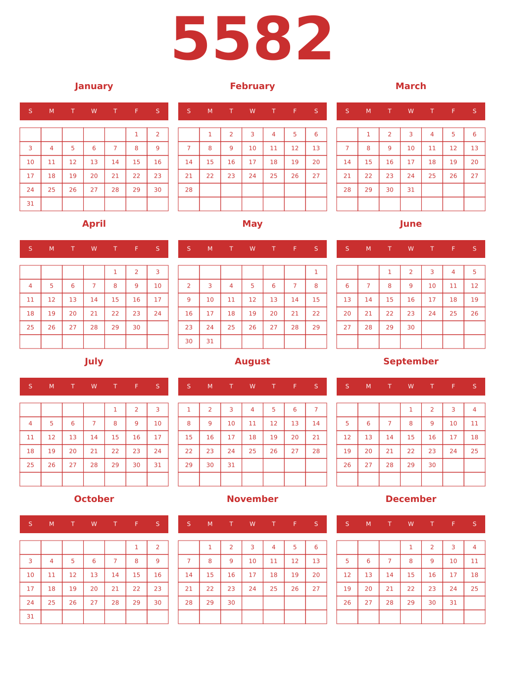 Printable 5582 Year Calendars red