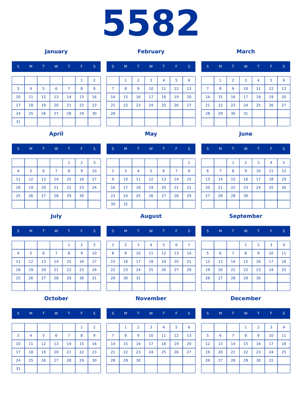 Printable 5582 Year Calendars smalt