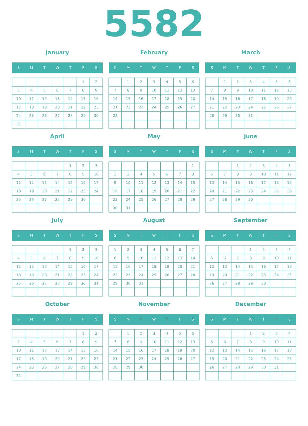 Printable 5582 Year Calendars verdigris