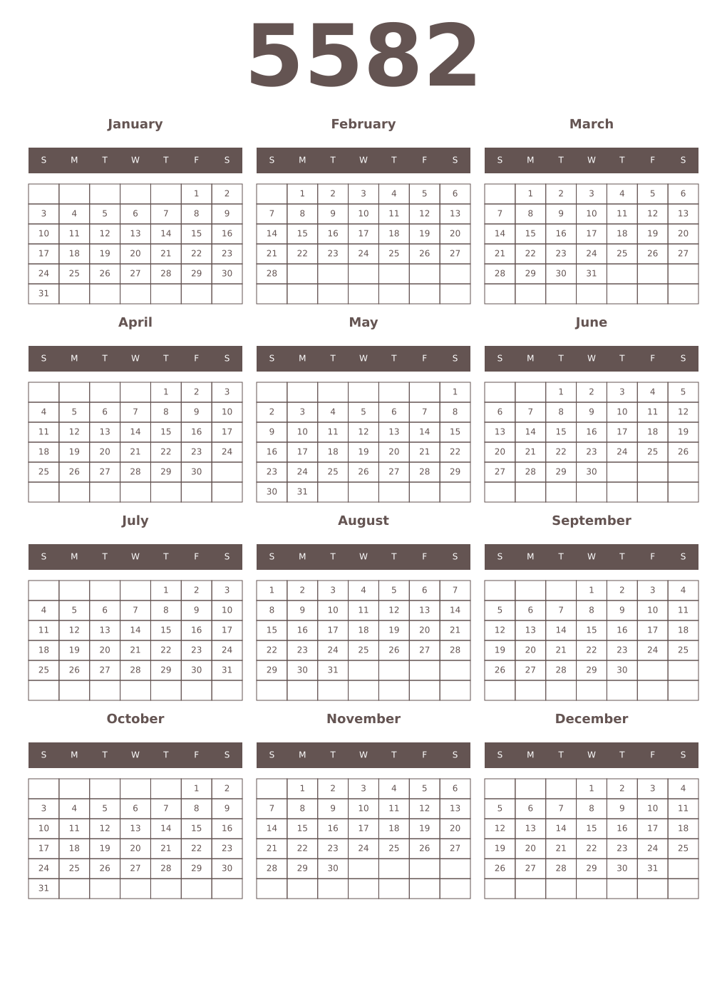 Printable 5582 Year Calendars wenge