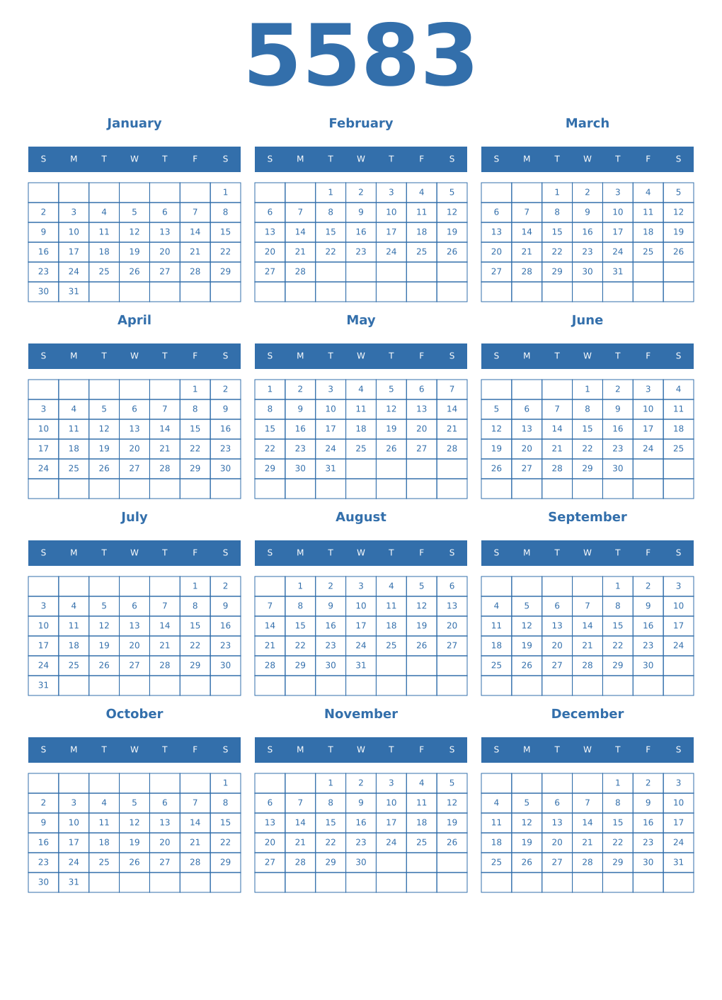 Printable 5583 Year Calendars blue