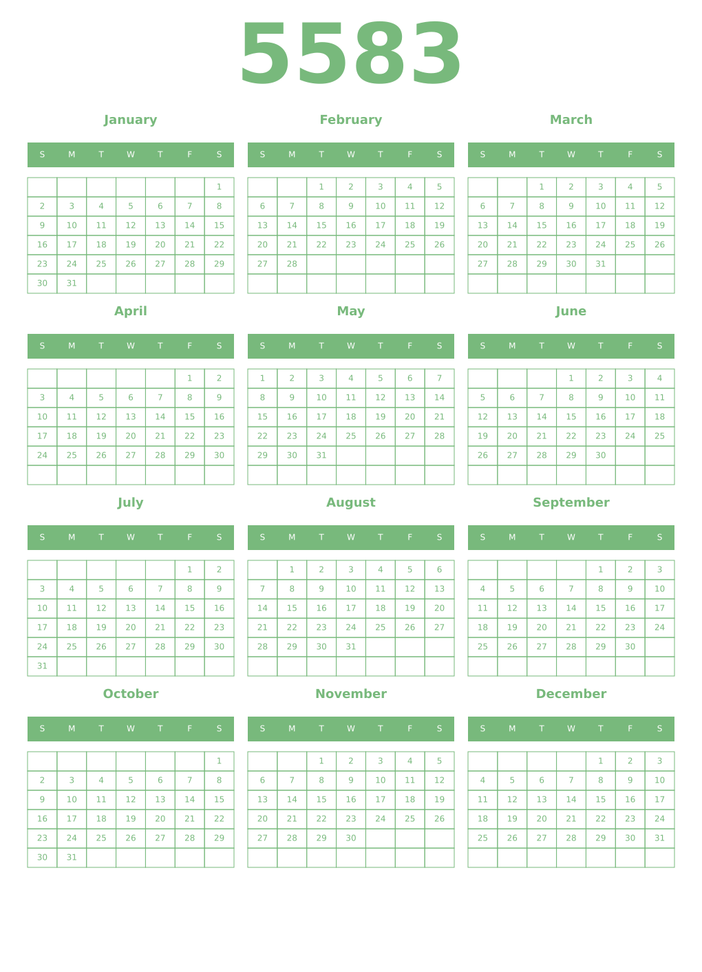 Printable 5583 Year Calendars celadon