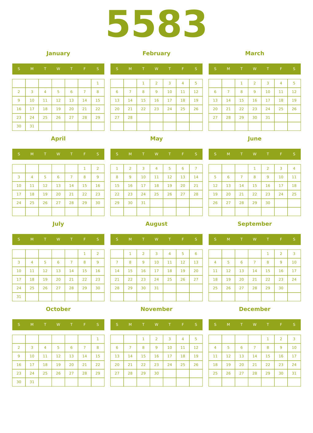 Printable 5583 Year Calendars chartreuse