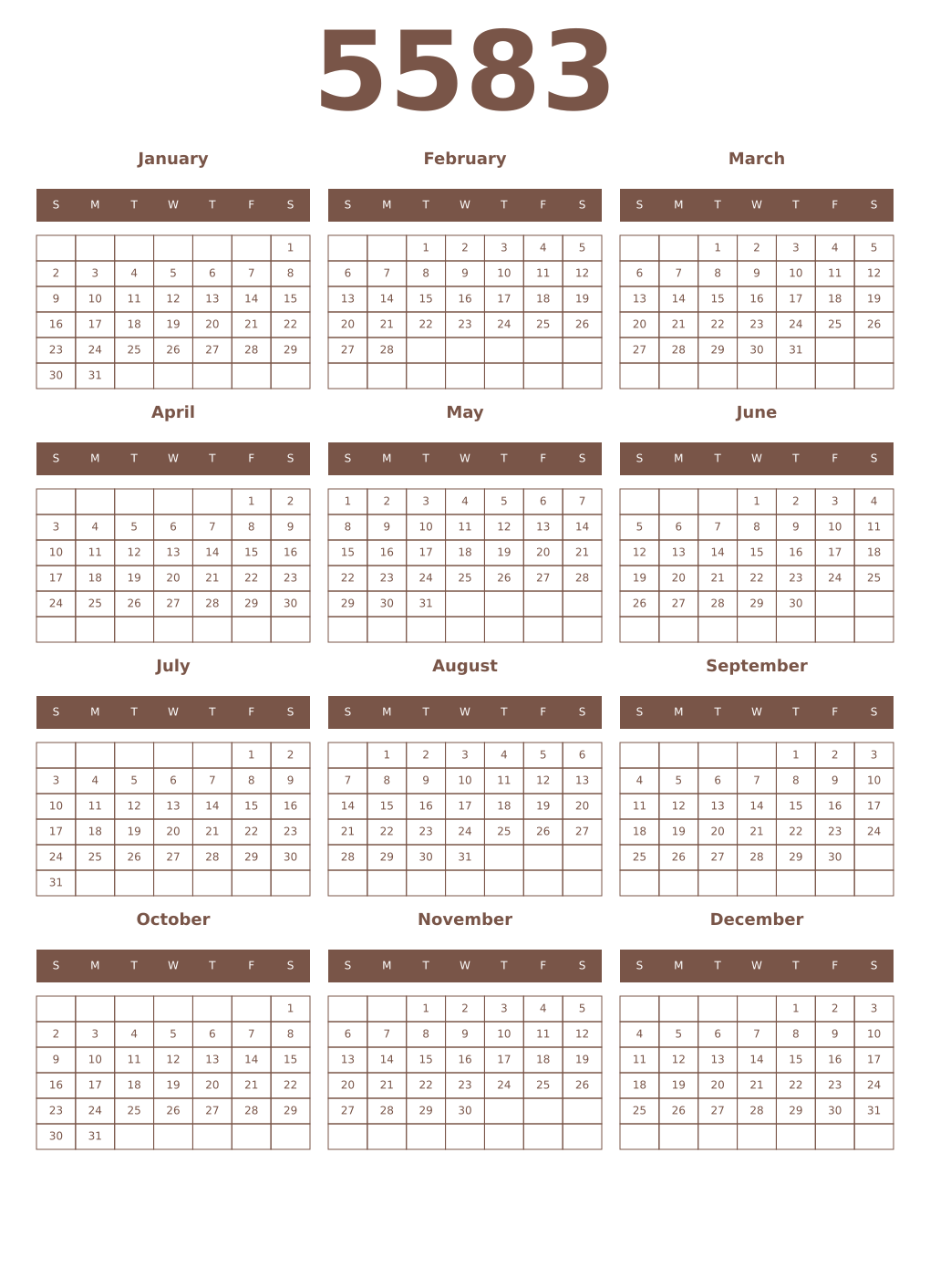 Printable 5583 Year Calendars coffe