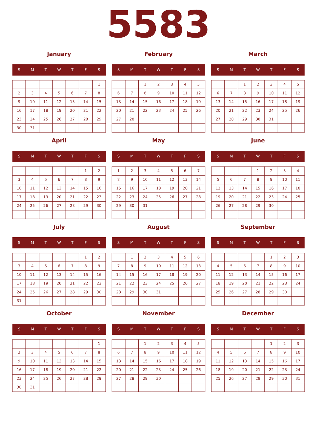 Printable 5583 Year Calendars falu