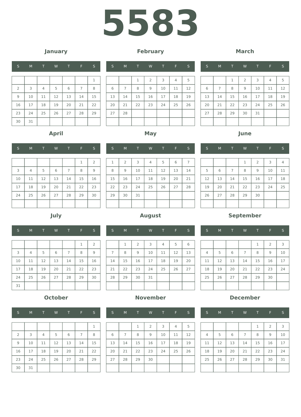 Printable 5583 Year Calendars feldgrau
