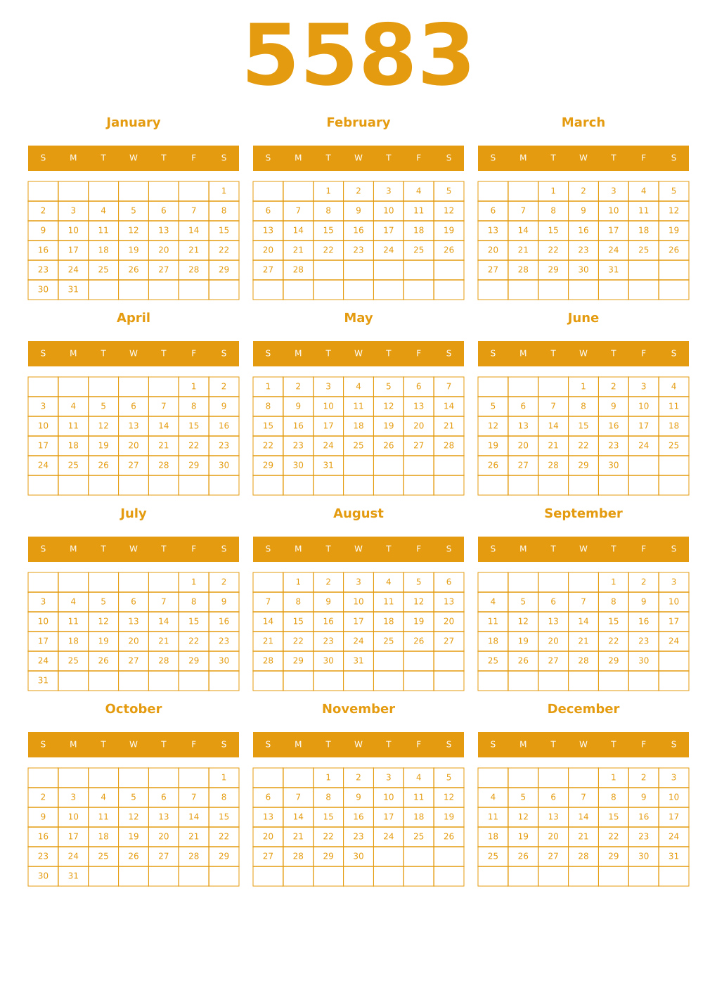 Printable 5583 Year Calendars gamboge