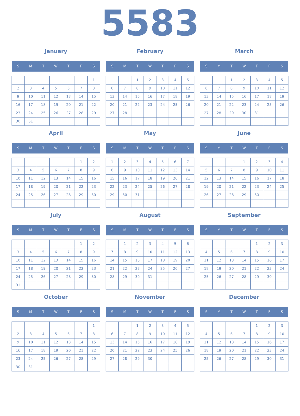 Printable 5583 Year Calendars glaucous