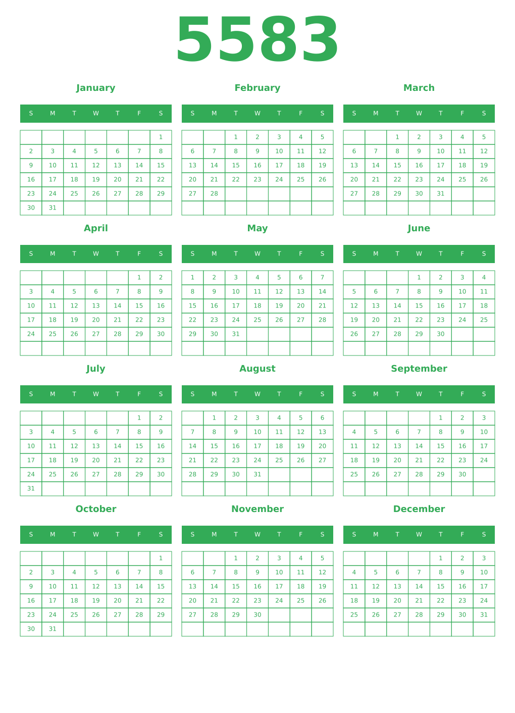 Printable 5583 Year Calendars green
