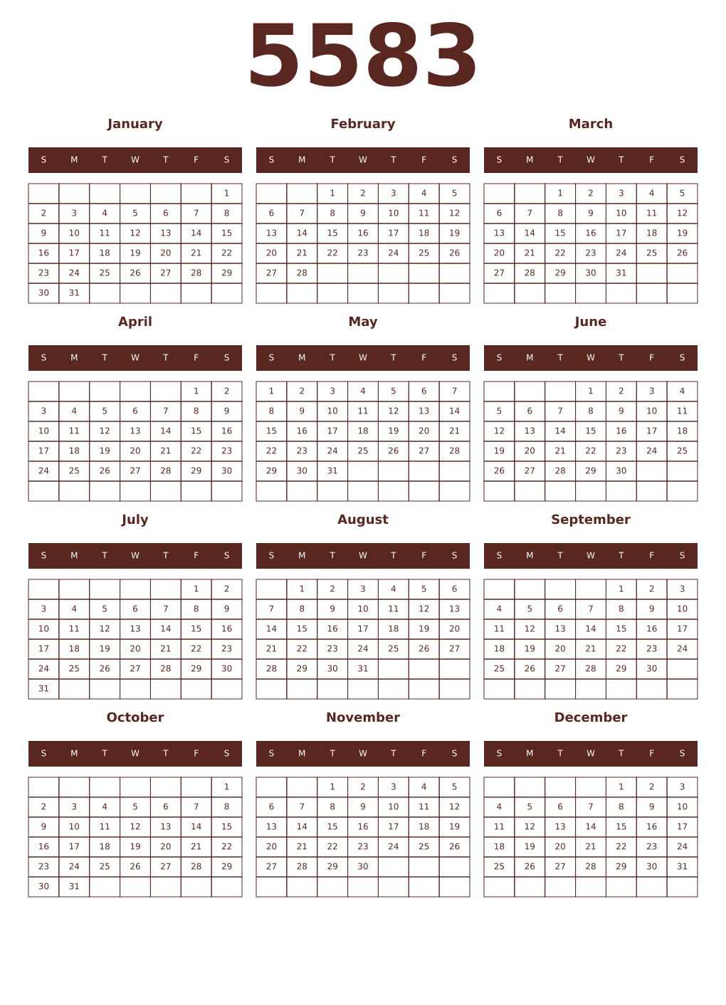 Printable 5583 Year Calendars mortuum