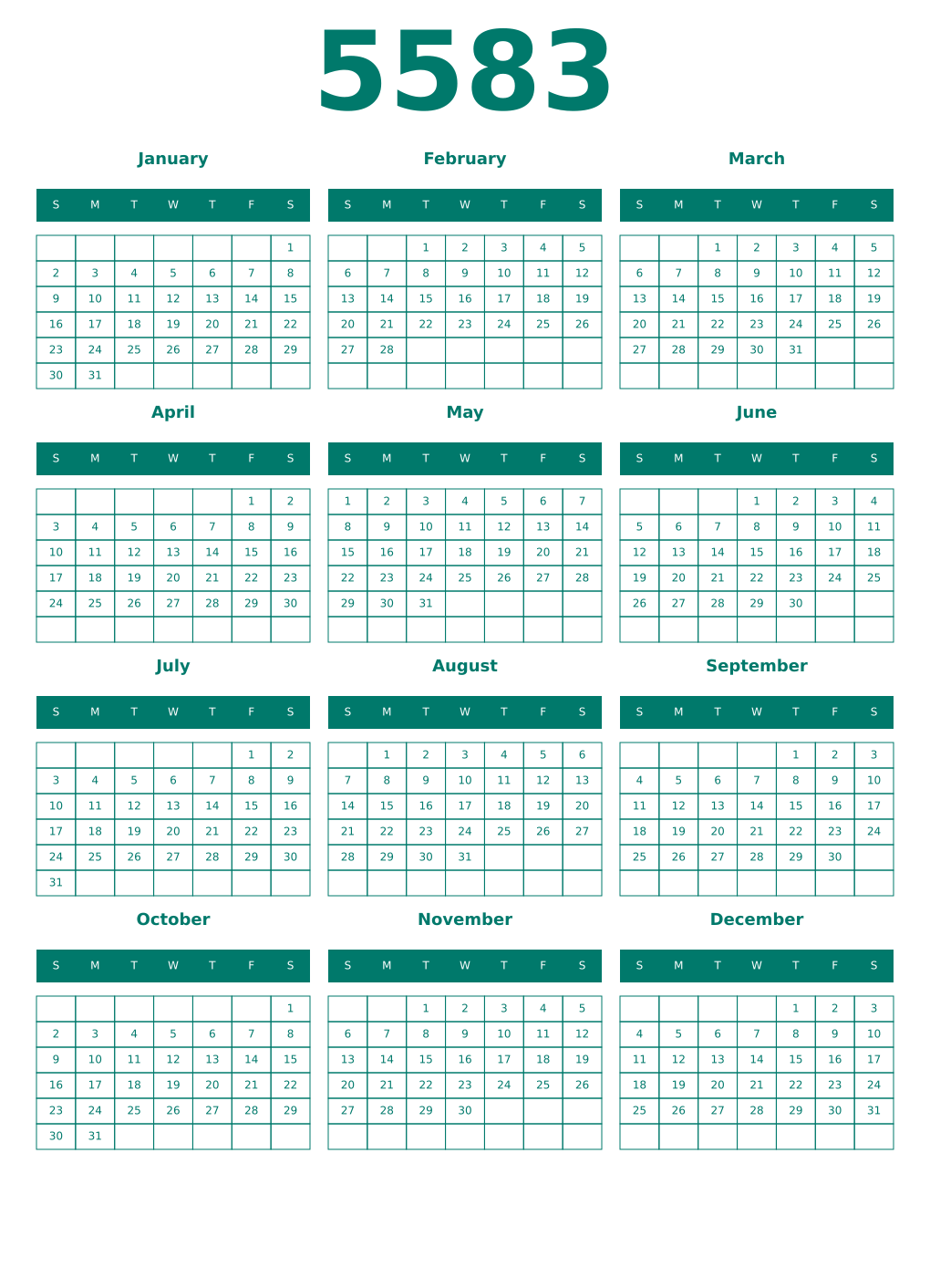 Printable 5583 Year Calendars pastel