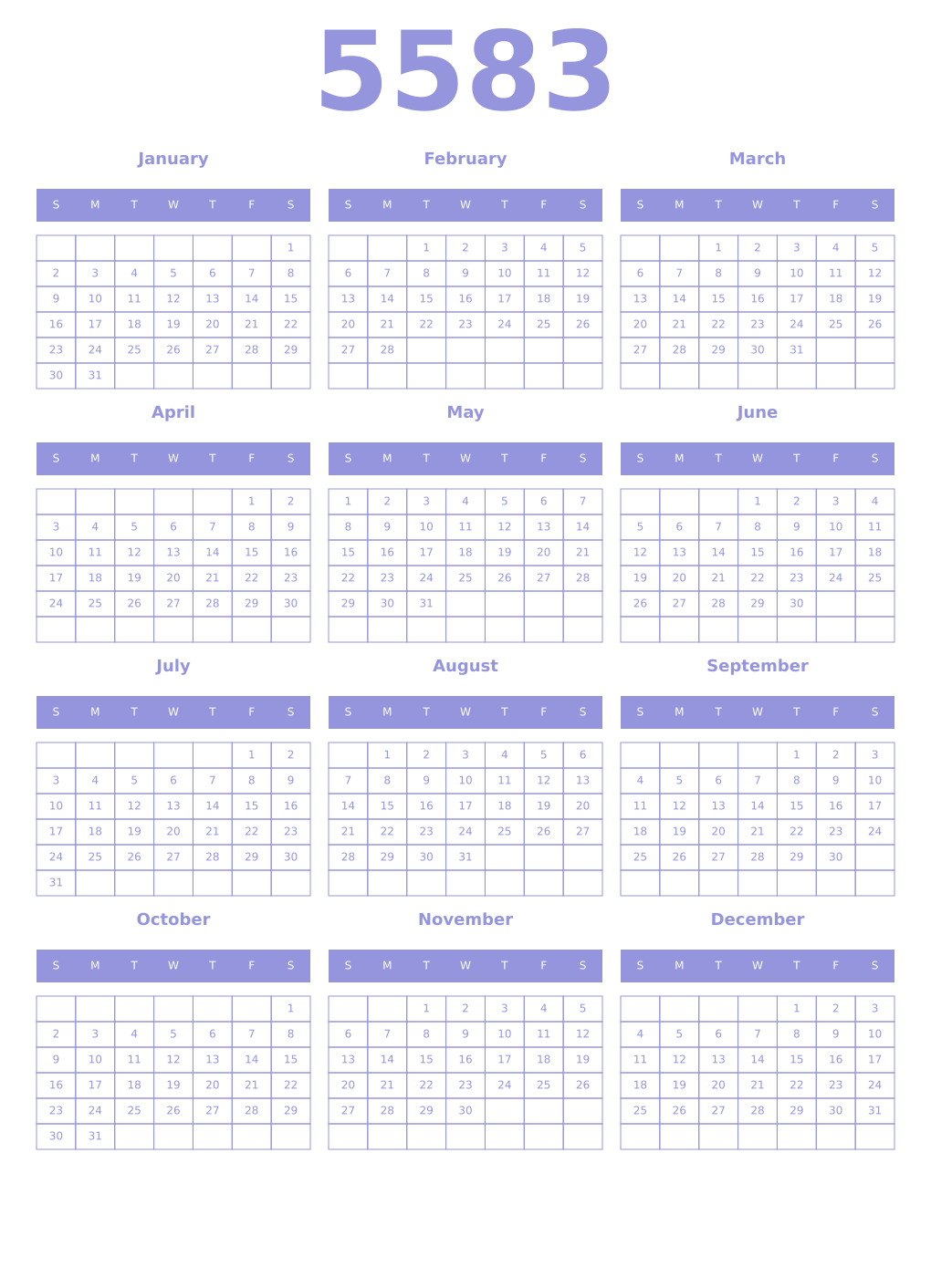 Printable 5583 Year Calendars periwinkle