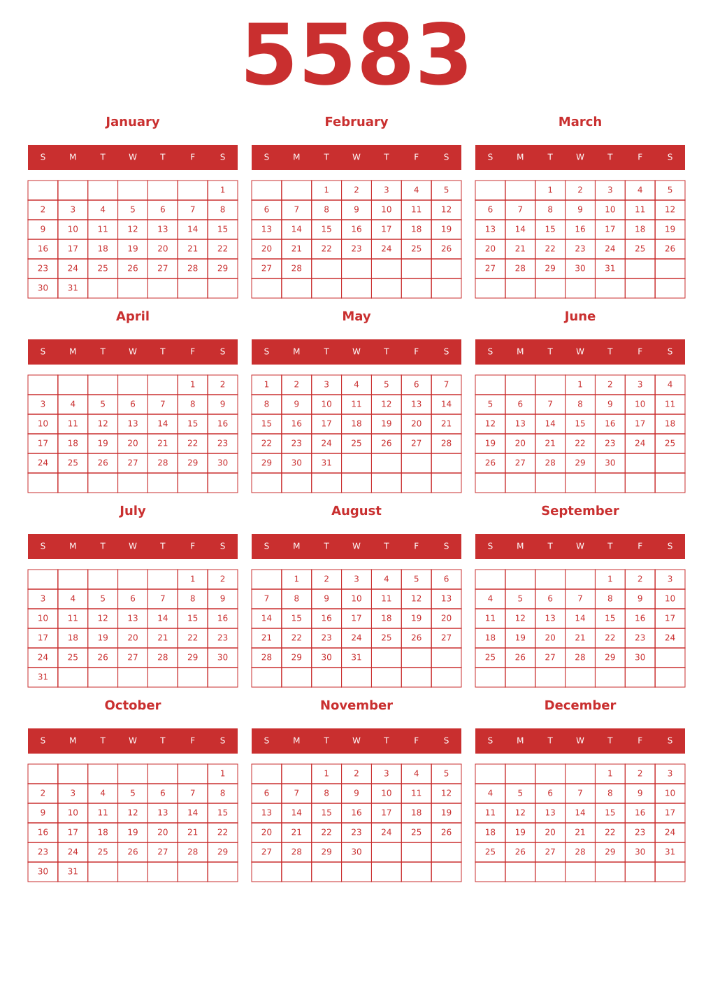 Printable 5583 Year Calendars red