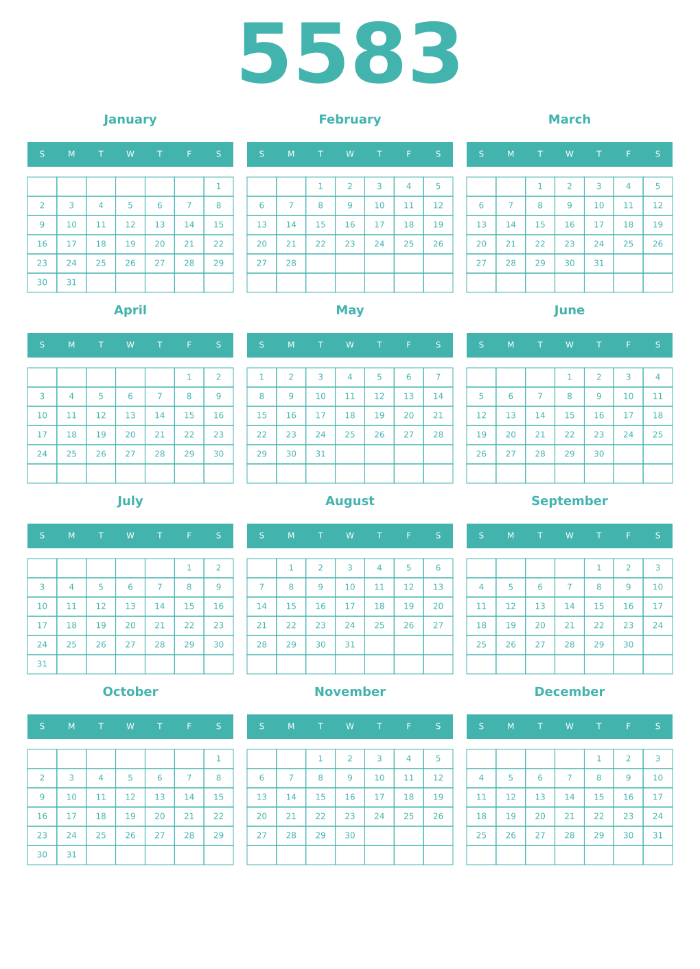 Printable 5583 Year Calendars verdigris