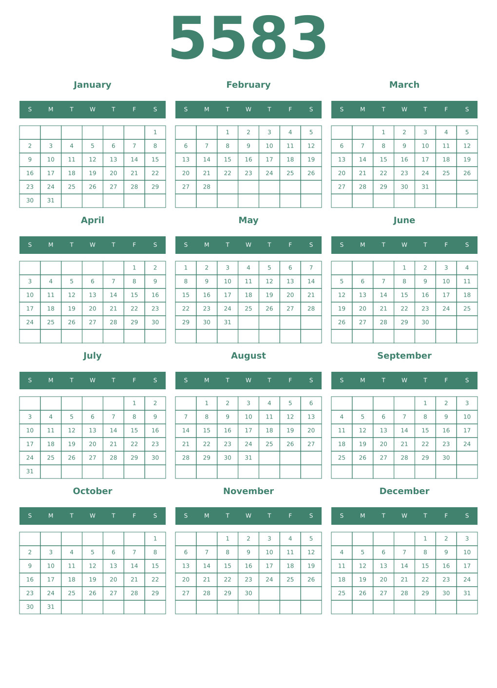 Printable 5583 Year Calendars viridian