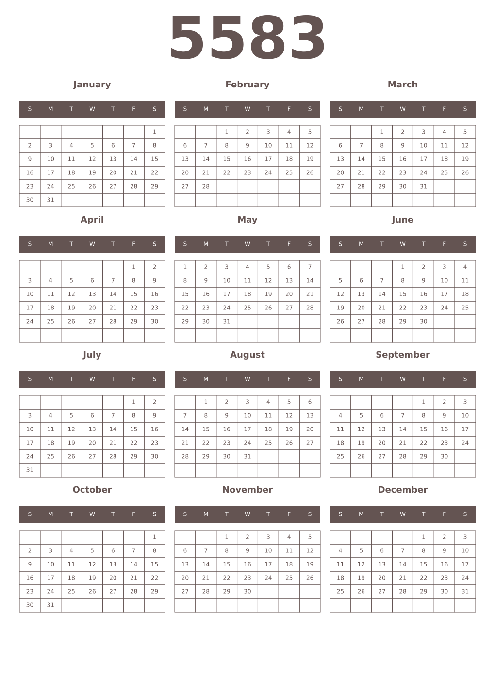 Printable 5583 Year Calendars wenge