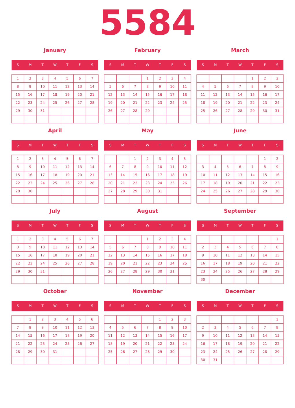 Printable 5584 Year Calendars amaranth