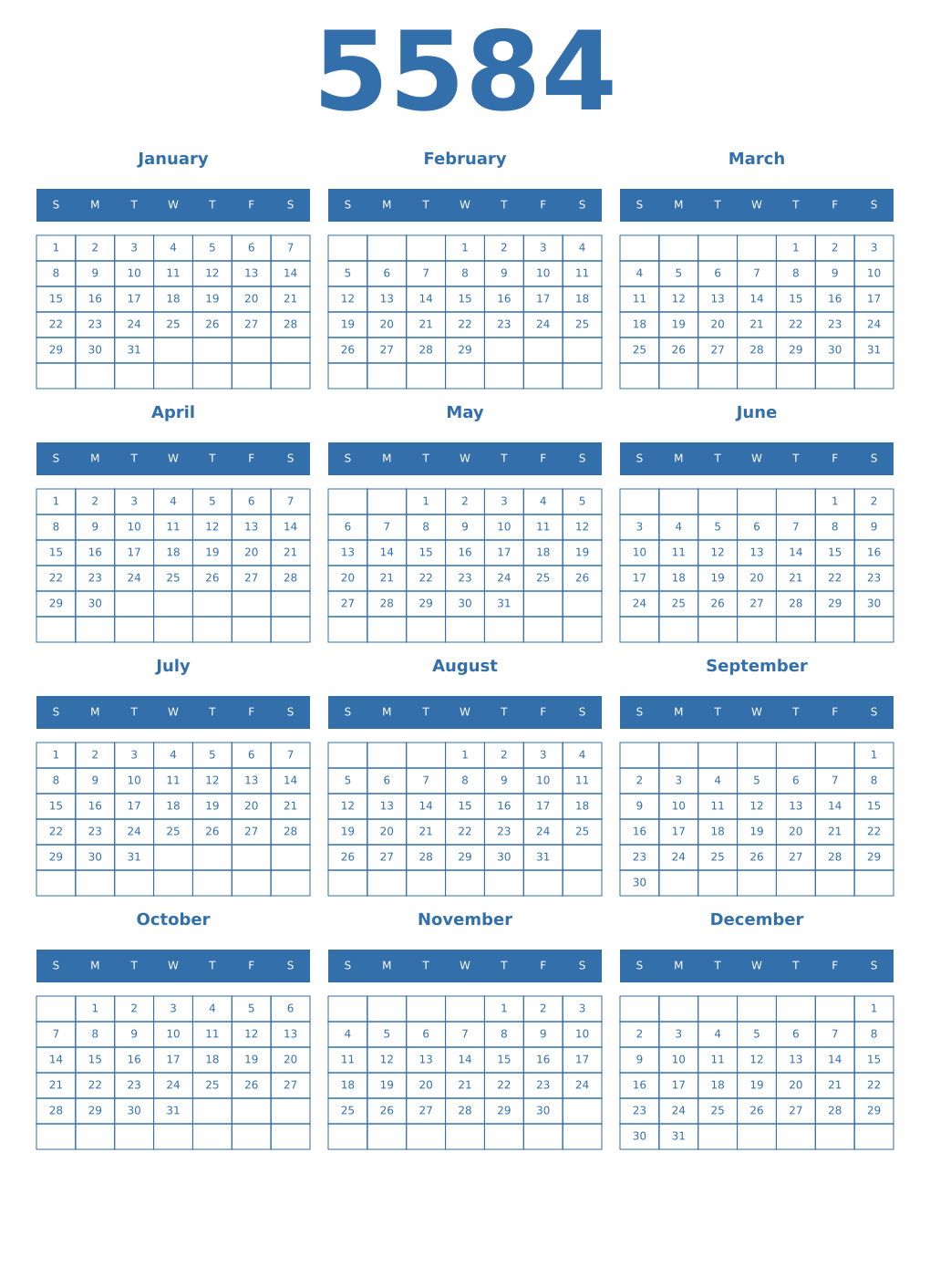 Printable 5584 Year Calendars blue