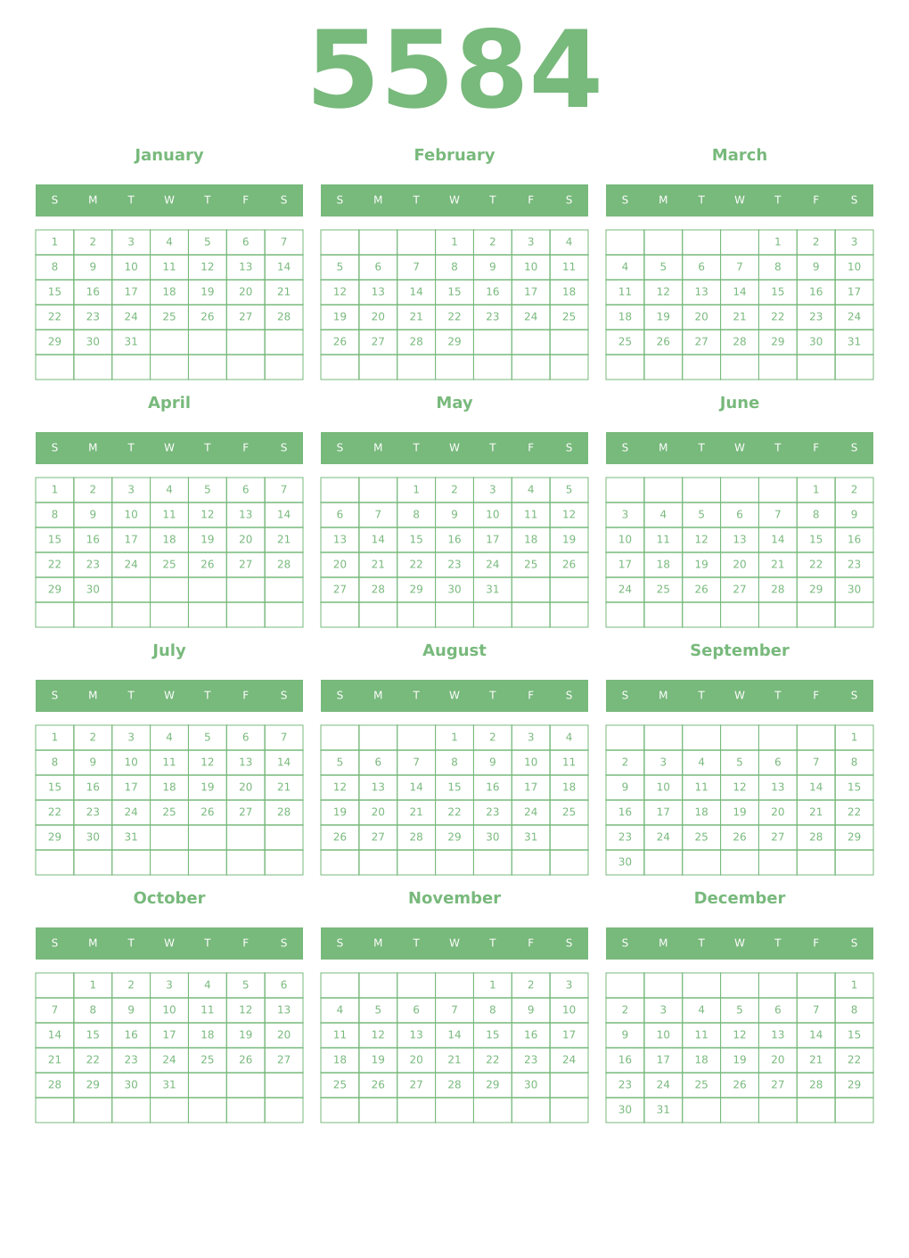 Printable 5584 Year Calendars celadon