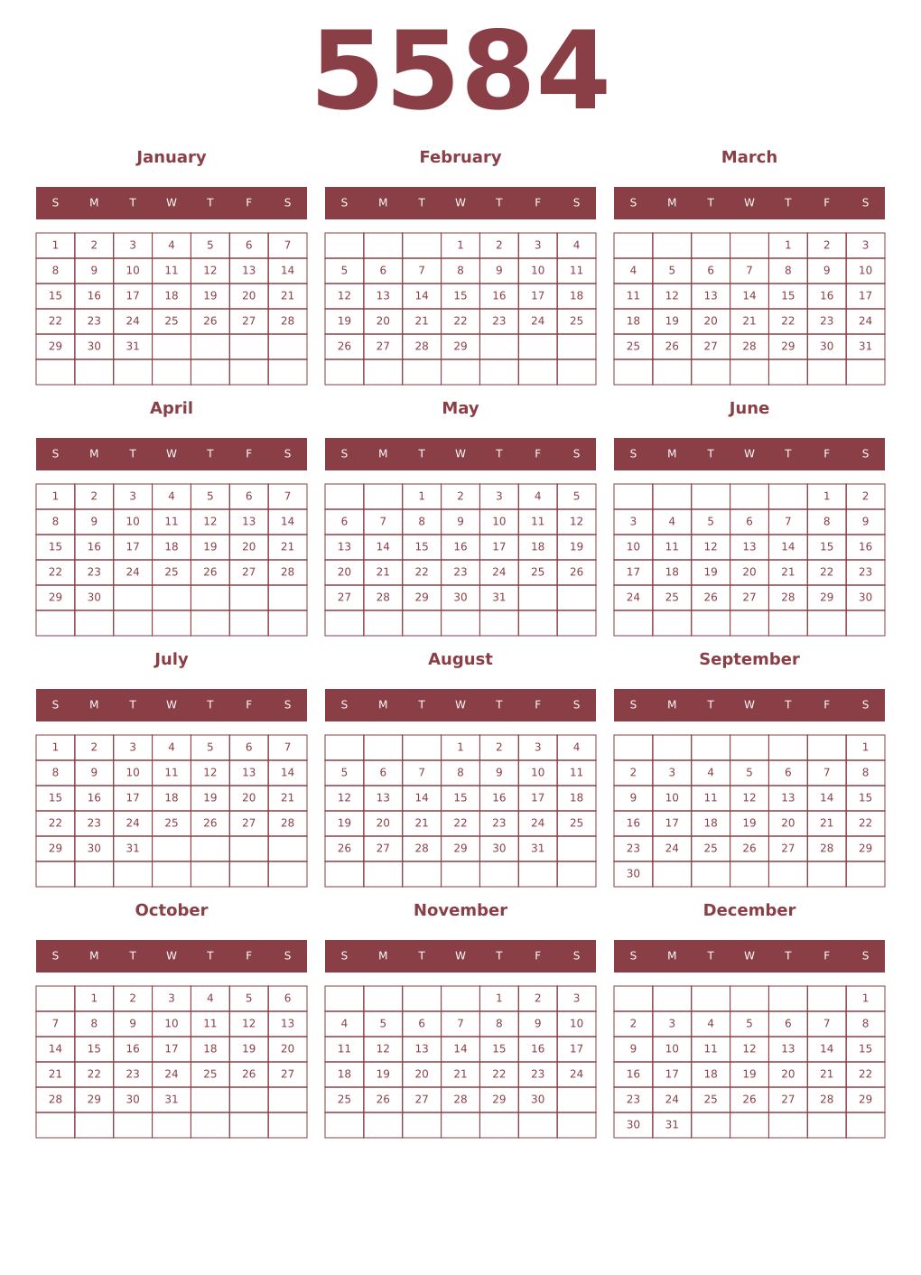 Printable 5584 Year Calendars cordovan