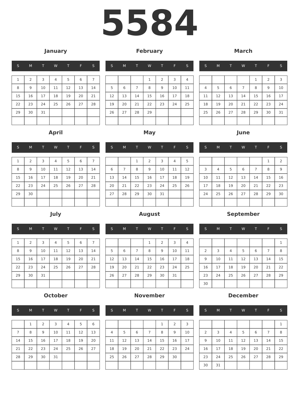 Printable 5584 Year Calendars dark
