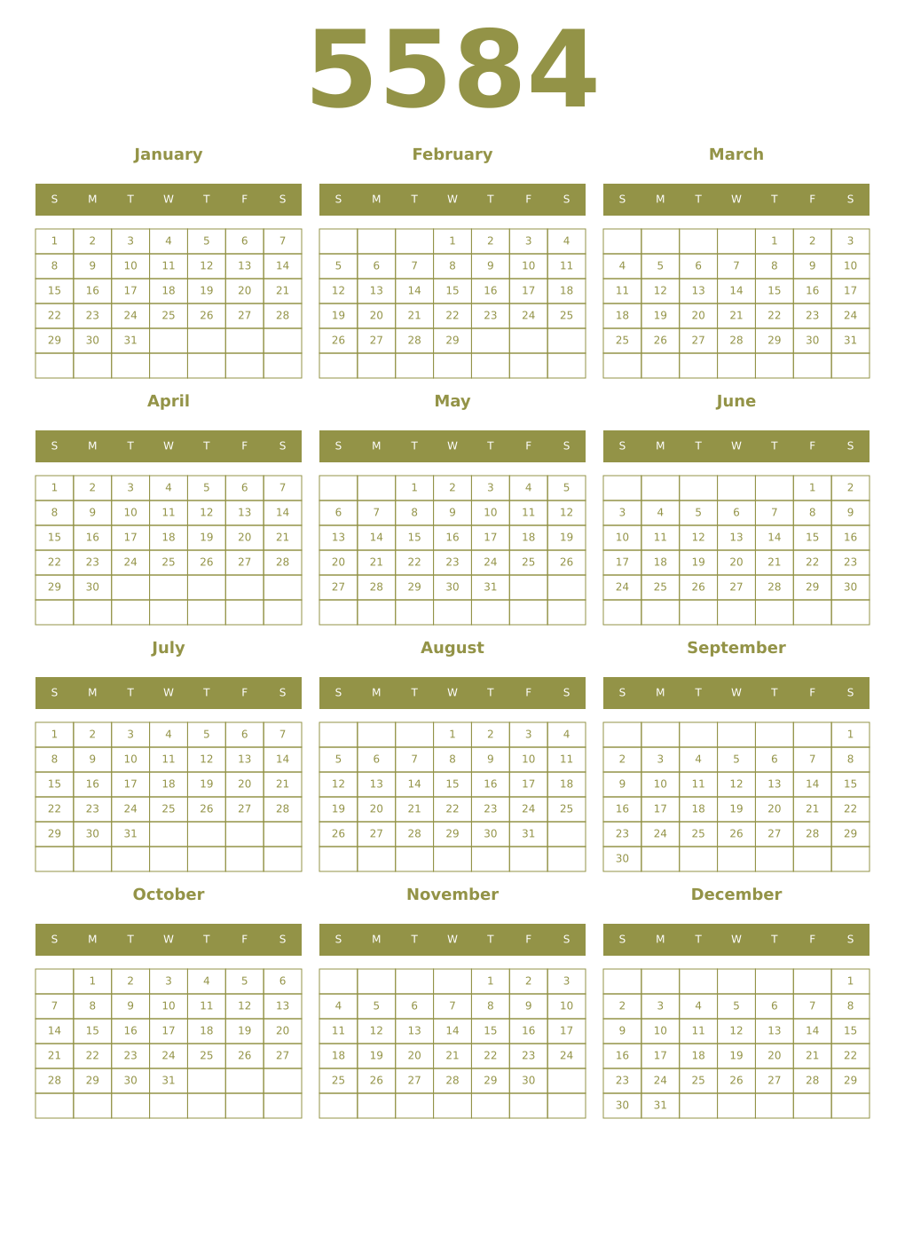 Printable 5584 Year Calendars eburnean
