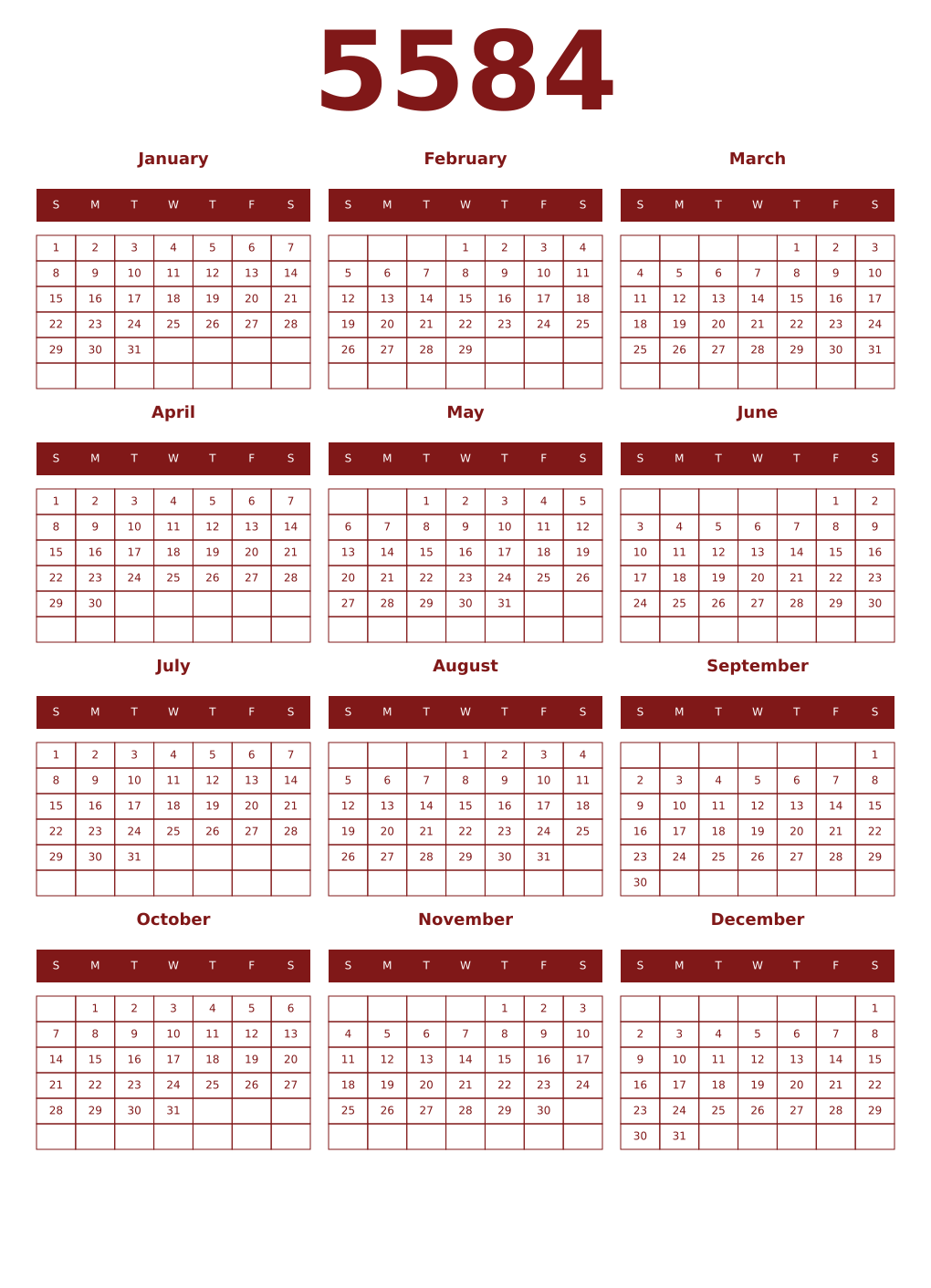 Printable 5584 Year Calendars falu