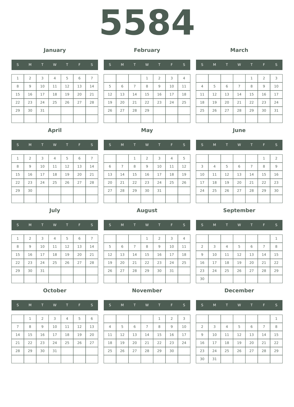 Printable 5584 Year Calendars feldgrau