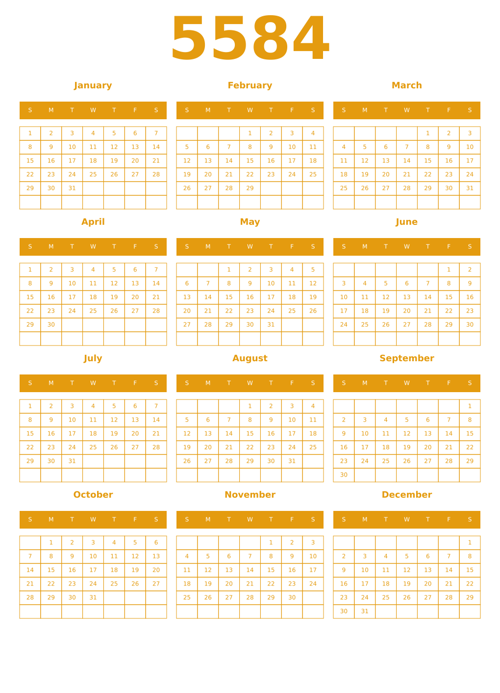 Printable 5584 Year Calendars gamboge