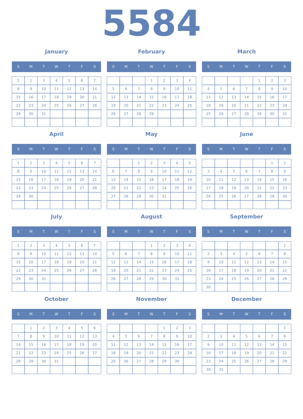 Printable 5584 Year Calendars glaucous